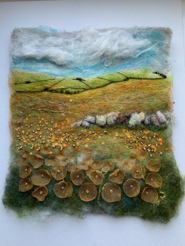 Amanda, felt landscape, hand embroidery and organza flowers.